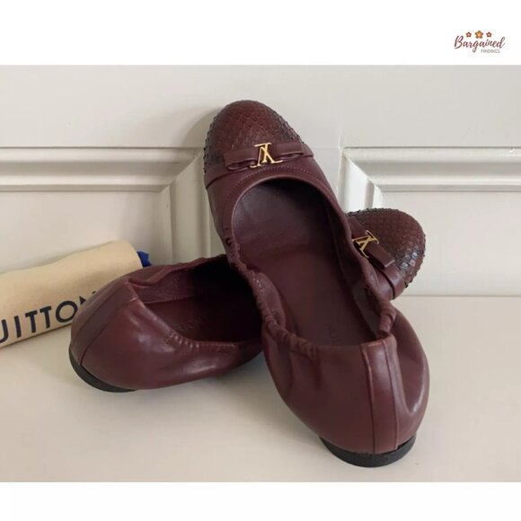 Authentic Louis Vuitton Maroon Leather Reptile Toe Bow Scrunch Ballet Flats 6.5 - Picture 7 of 10